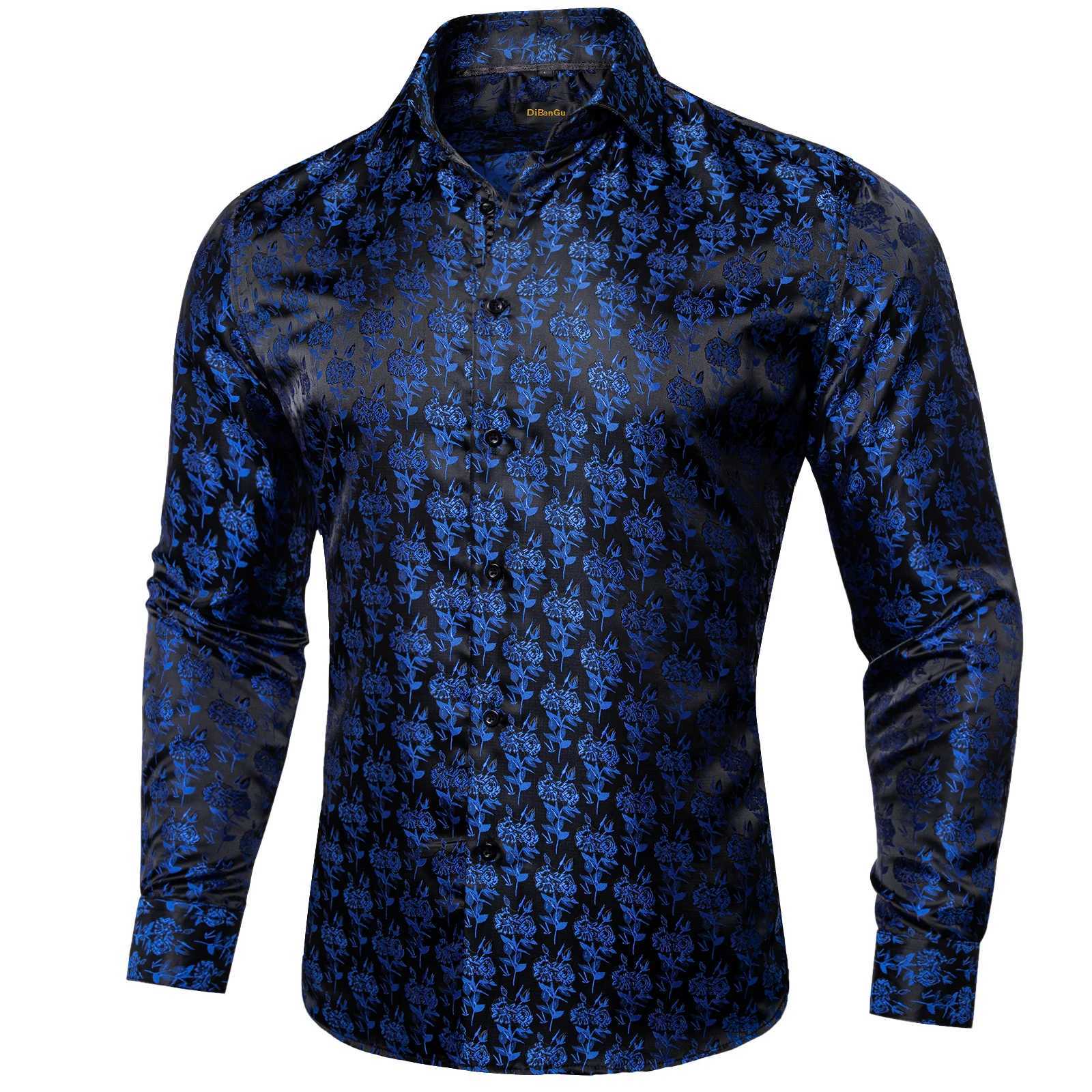 2023 Mens Silk Shirts Long Sleeve Blue Black Formal Dress Social Turn-Down Shirt With Golden Collar Pin Male Blouse Casual Tops W250312