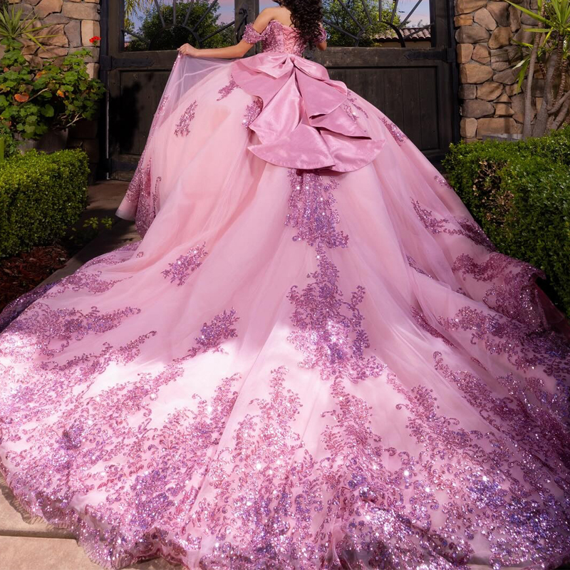 Pink Shiny Quinceanera Dresses Ball Gown Off The Shoulder Sequin Applique Lace Beading Tull Party Birthday Sweet16 Vestidos 15 De Anos