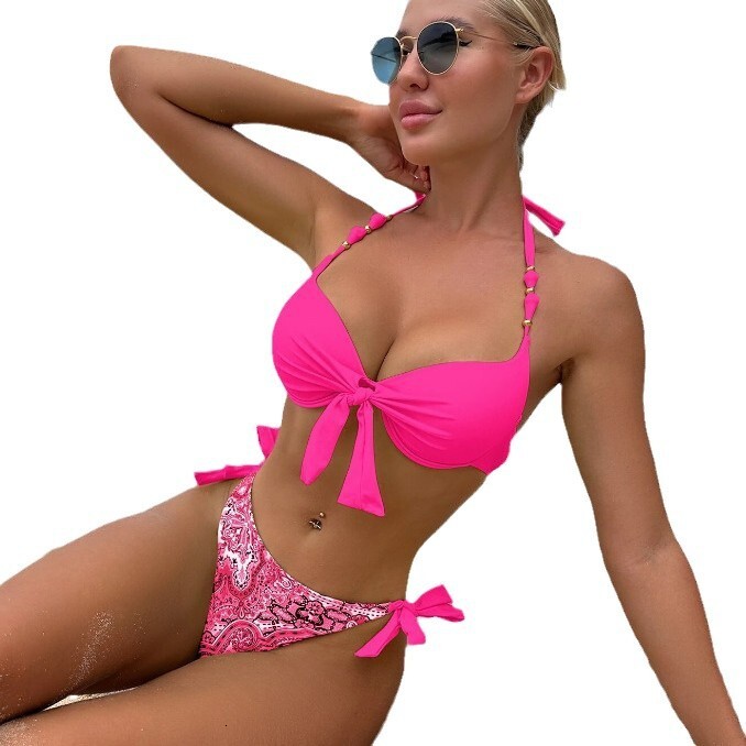 2025 New Sexy Deep V-neck Women's Swimsuit Designer Split Swimsuit Women's Solid Color Printed Bikini Fashionable And Romantic Beachwear Lac