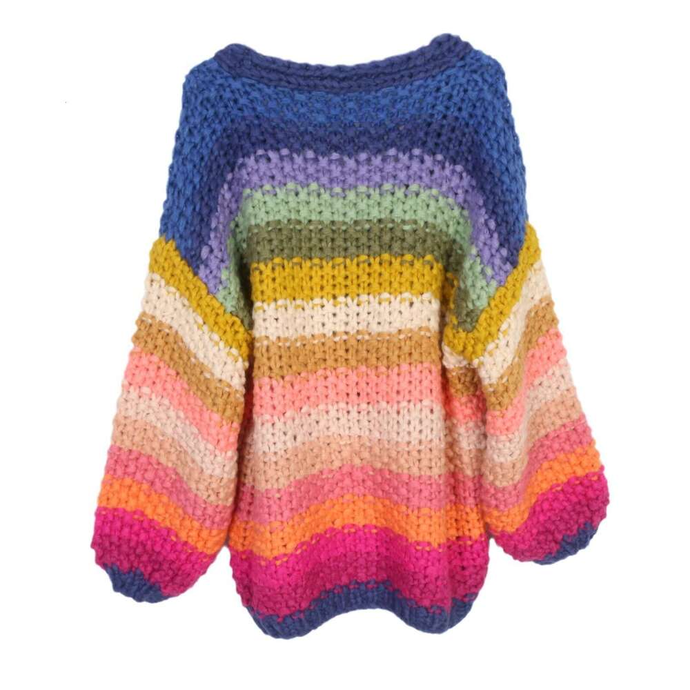 Autumn And Winter New Style Pure Handmade Rainbow Striped Contrasting Flower Jacket For Women's Sweater