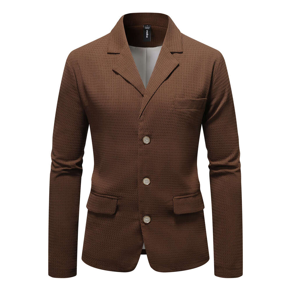 New Men's Casual Waffle Mini Suit, Youth Fashion, Solid Color, Single Row Three Button Suit