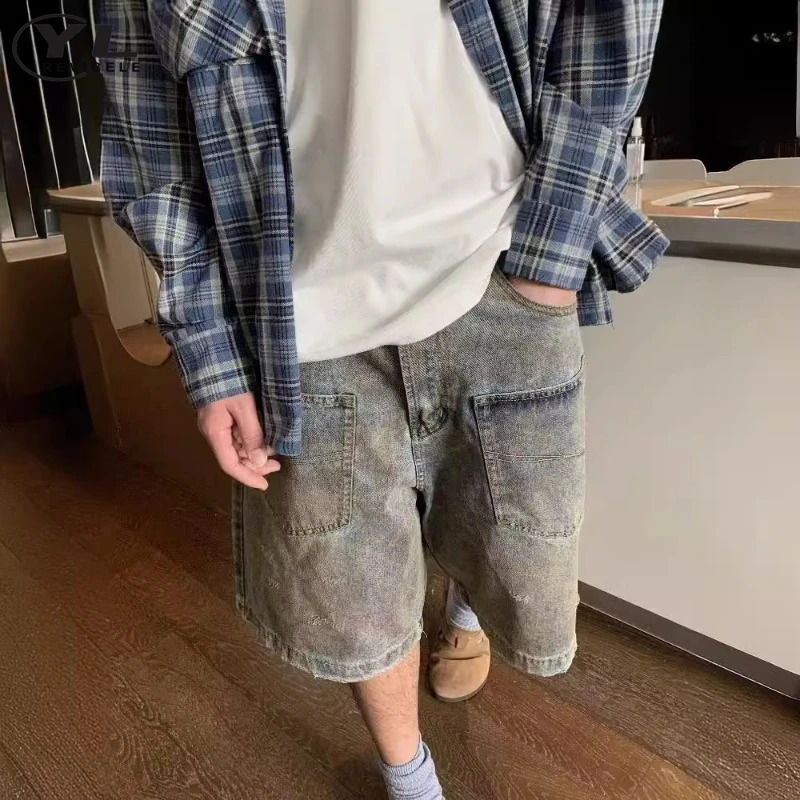 Mens jeans shorts summer fashion American high street straight five point pants loose and denim 250312