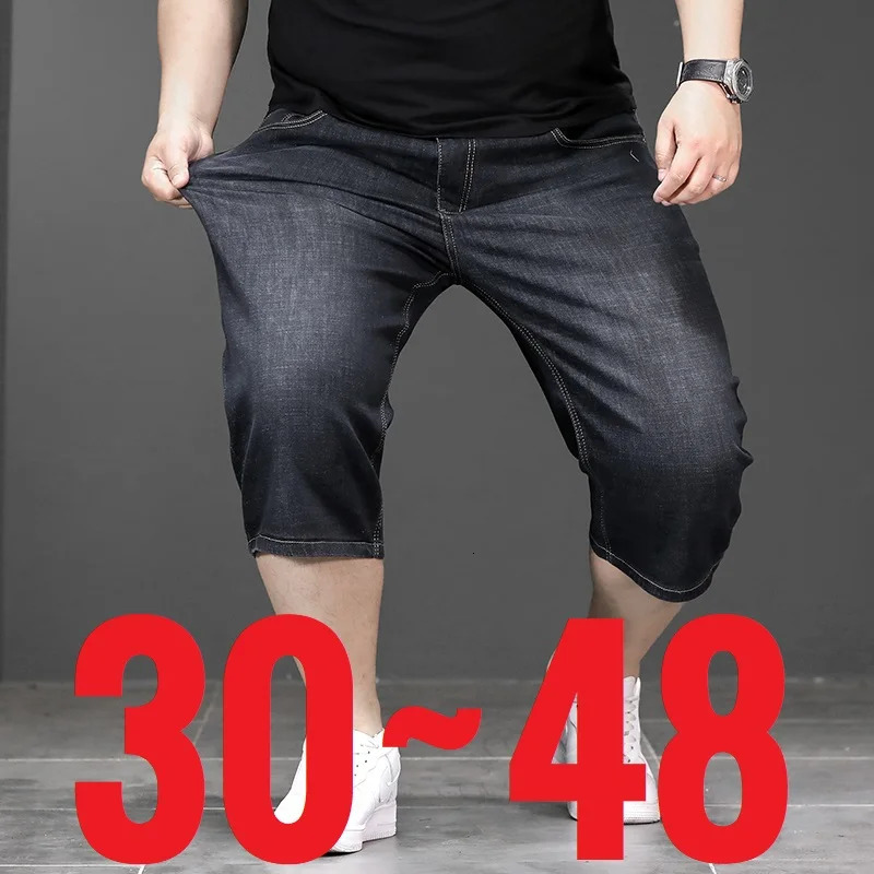 Big Size Long Length Mens Shorts Loose Stretch Jean Bermuda Male Thin 3/4 Capris Summer Light Large Plus Fat Denim Breeches 250310