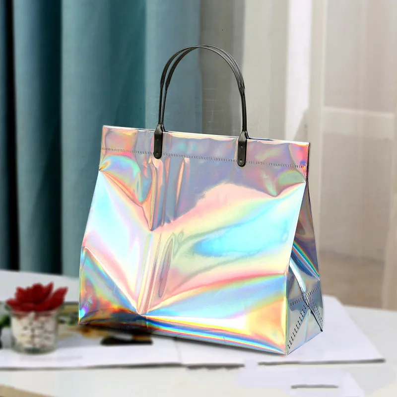 Laser PVC Shopping Bag With Snap Button Reusable Women Waterproof Eco Tote Bag Clothing Wedding Party Favor Gift Packaging Bags 250305
