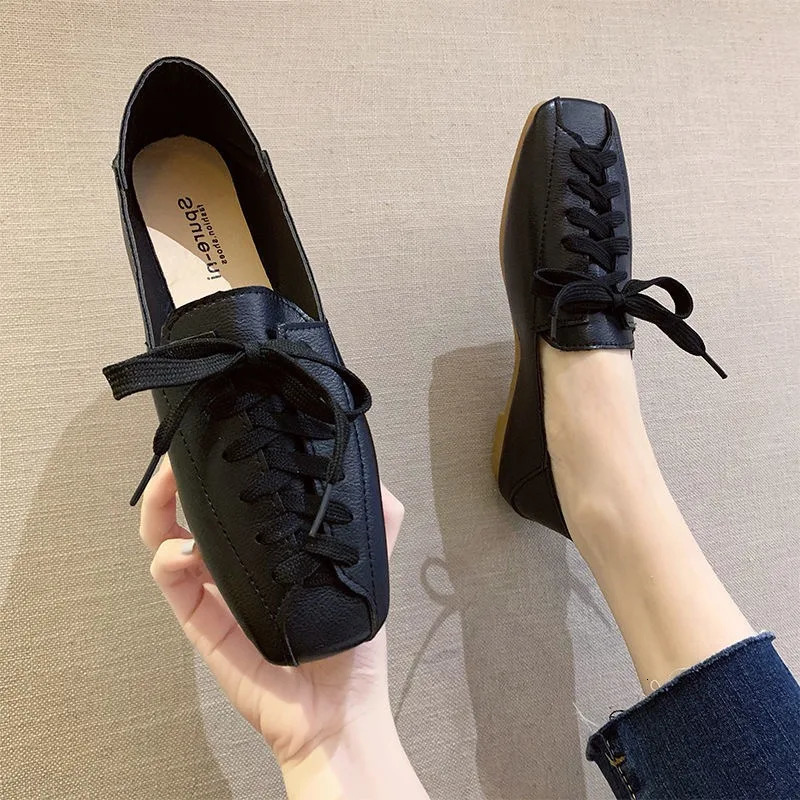 ZANPACE Casual Square Toe Platform Shoes Spring Lace-Up PU Loafers Women Shoes Soft Flat with Leather Shoes Female 250305