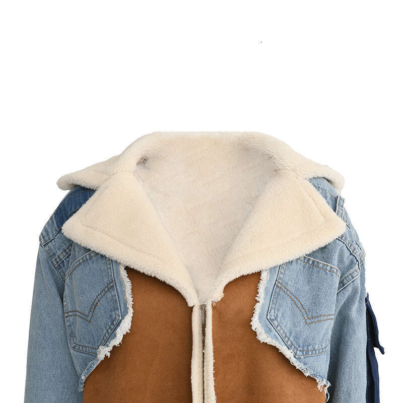 Australian Trendy Brand New Plush Denim Patchwork For Winter Lambhair Inner Lining With Large Lapel Collar, Long And Thick Cotton Jacket