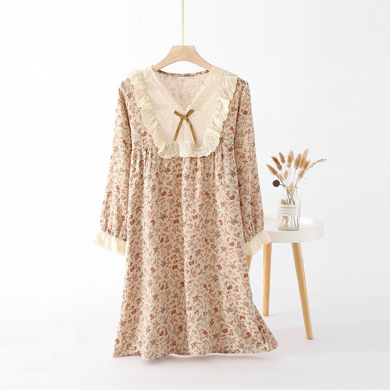 B773-Gentle women's floral pure cotton yarn loose double-layer gauze home clothes pajamas set autumn long sleeve home wear