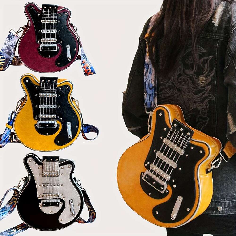 2024 Niche Guitar Shaped Y2K Style Novelty Crossbody Bag, Rivets Decor Trendy Shoulder Bag