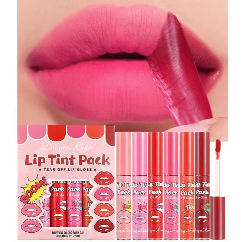 6 pieces/box tear lip color suit waterproof durable matte red peeling liquid lipstick dye tattoo coloring non stick lipstick W250312