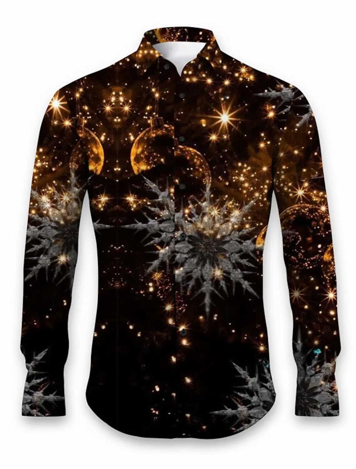 2024 Christmas themed mens 3D printed formal shirt with gold snowflake graphic long sleeved fashionable mens shirt W250312