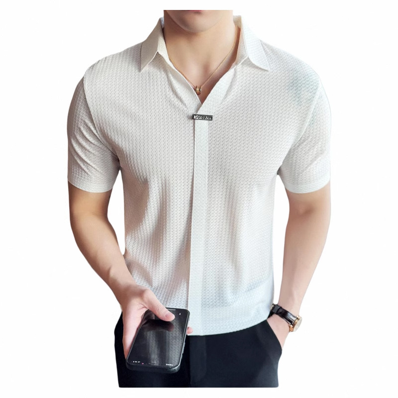 Summer slim fit T-shirt with high-end ice silk, no trace, pressure glue, high elasticity, V-neck, thin design, Waffle short sleeved polo shirt, black