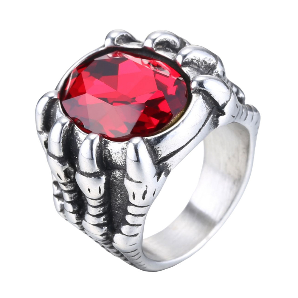 Retro Ice Colorful crystal Casting High Polished Dragon Claw Ring Stainless Steel Jewelry