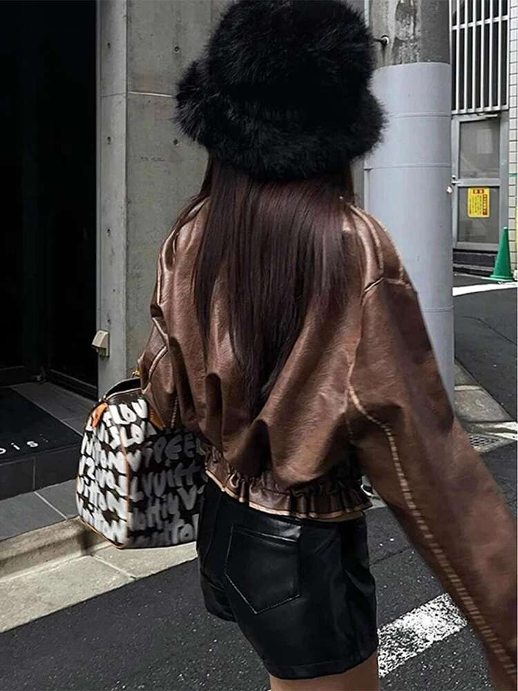 Vintage Made Old Leather Jacket Classic Wipe Color Motorcycle Jackets Women Denim Short Coat French Fashion Overcoat Top