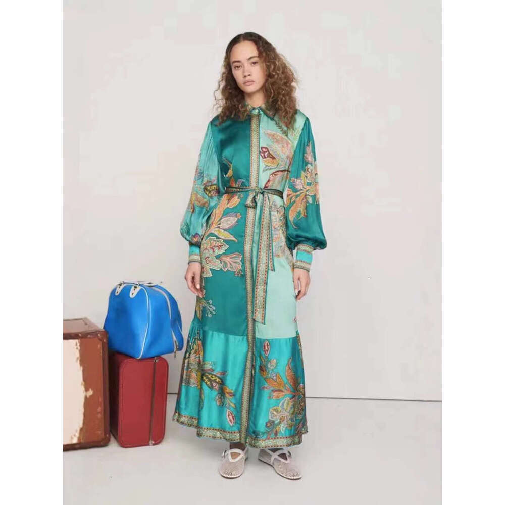 Australian Niche Printed 2024 Autumn And Winter New Item With Lapel, Lantern Sleeves, Waistband, Waist Cinching, Slimming Long Dress