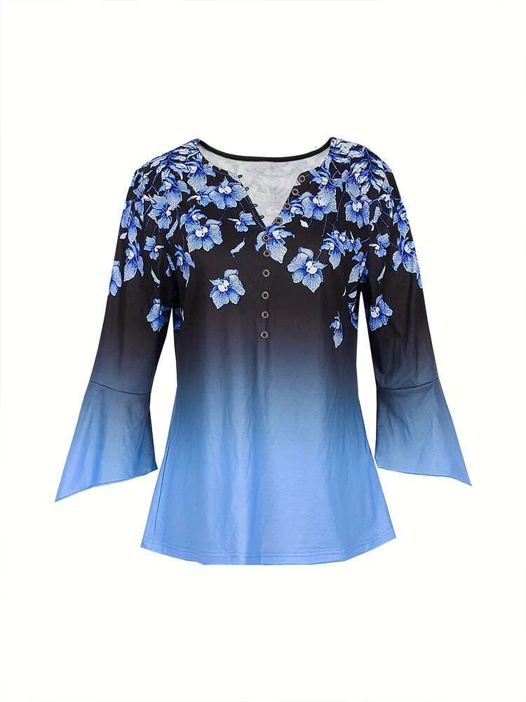 Dresses Casual Summer Women's Seven Sleeve 2024 Spring Soft V Neck Teen Henley Tops Ral Printed