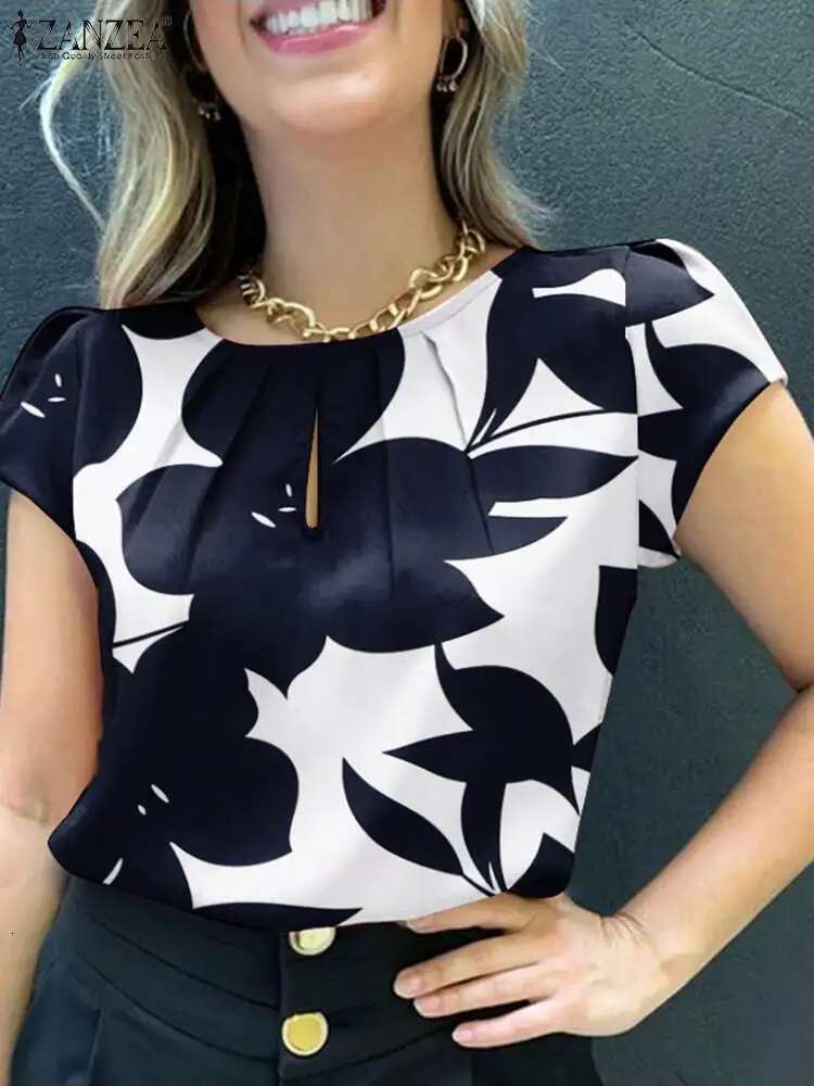 ZANZEA Summer Fashion Ral Printed Blouse Bohemian Holiday Tops Woman Elegant Short Sleeve Work Shirt Casual Pleated Blsuas