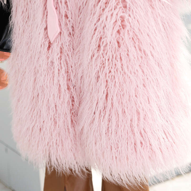 Beach Imitation Fur Korean Version Solid Color Beach Women's Long Coat Lamb Wool With Belt