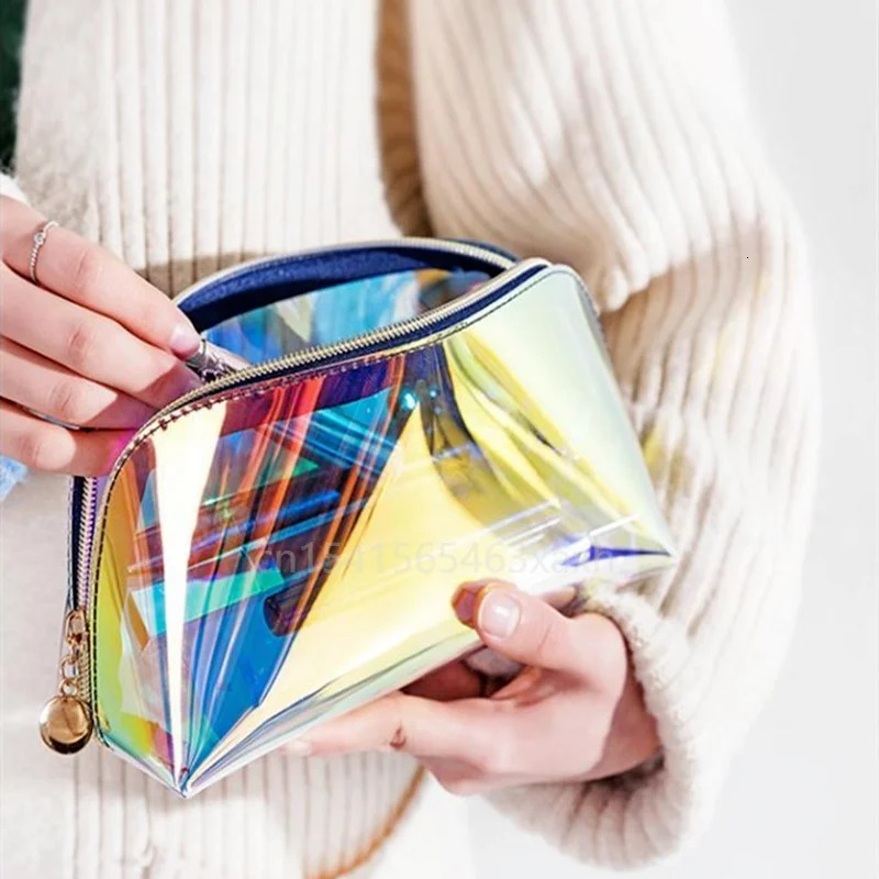 PVC Waterproof Transparent Cosmetic Bag Toiletry Makeup Bag Organizer Female Girls Laser Color Zipper Wash Make Up Beauty Case 250305