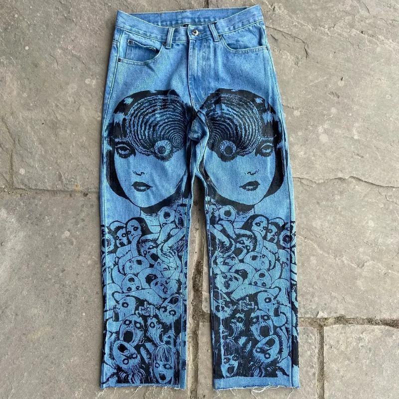 Men's Jeans Harajuku Anime Print Trouser Y2k For Men Baggy Jean Solo Leveling Streetwear Wide Leg Women High Waist Pants