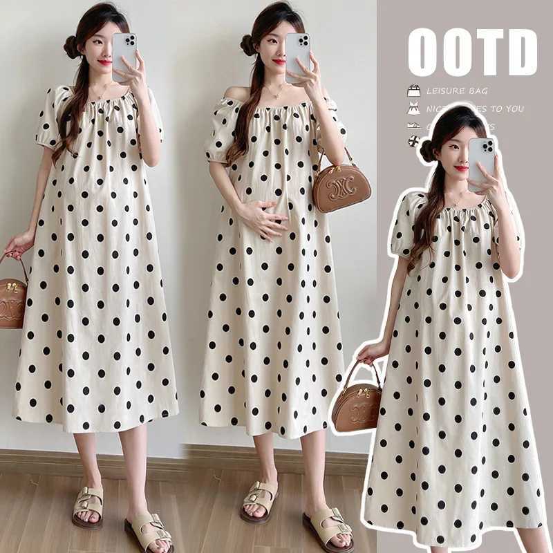 Pregnant Women Summer New Wave Dot Cotton Linen Square Collar dress White Pocket Midi DressT250311