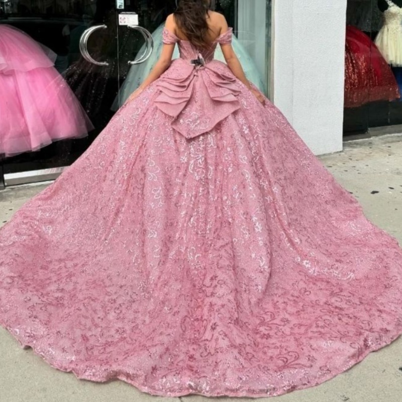 Pink Shiny Sweetheart Ball Gown Quinceanera Dresses Princess Corset Sequin Appliques Beads Crystal Sweet 16 Dress Vestidos De 15 Anos