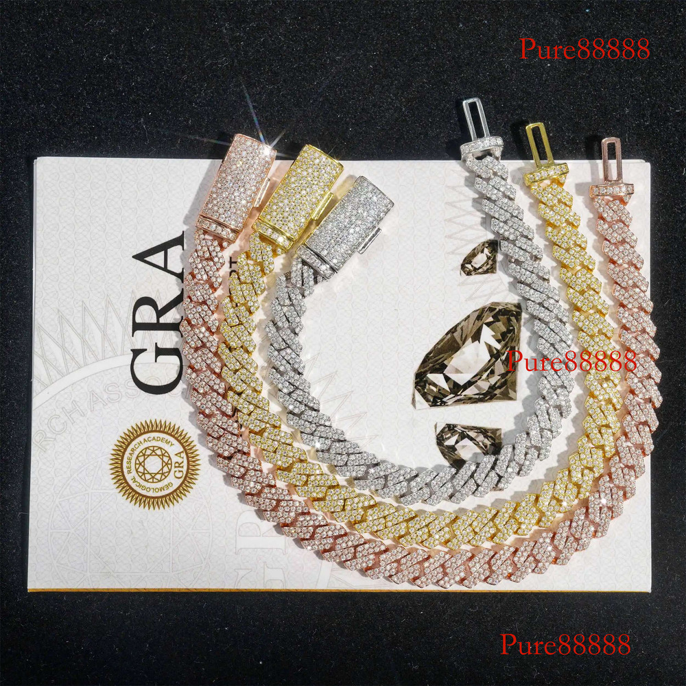 Fashionable Loose Stone S Sier Dia Cuban Chain Necklace 8mm Double Row Full of Moissanite Trendy Brand Acces
