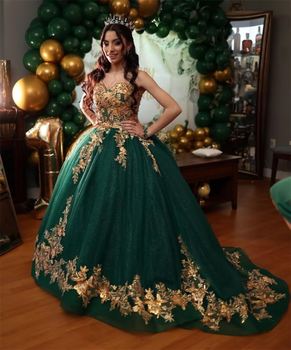 Ball Gown Quinceanera Dresses Gold Appliques Sweetheart Lace-up Plus Size Tulle Sweet 15 16 Princess Birthday Party Gowns Vestidos De 15 Anos QD09