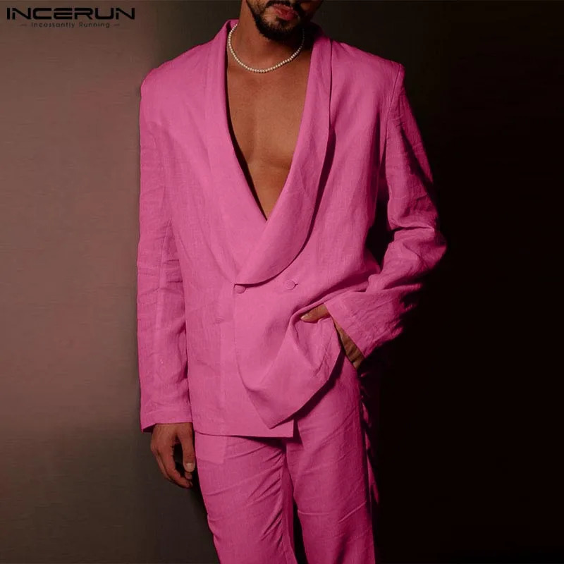 INCERUN Men Solid Color Pant Sets Csual 2PCS outfits Long Sleeve Tops Elastic Waist Pocket Pant Suits Sexy Elegant Loose Suits 250310