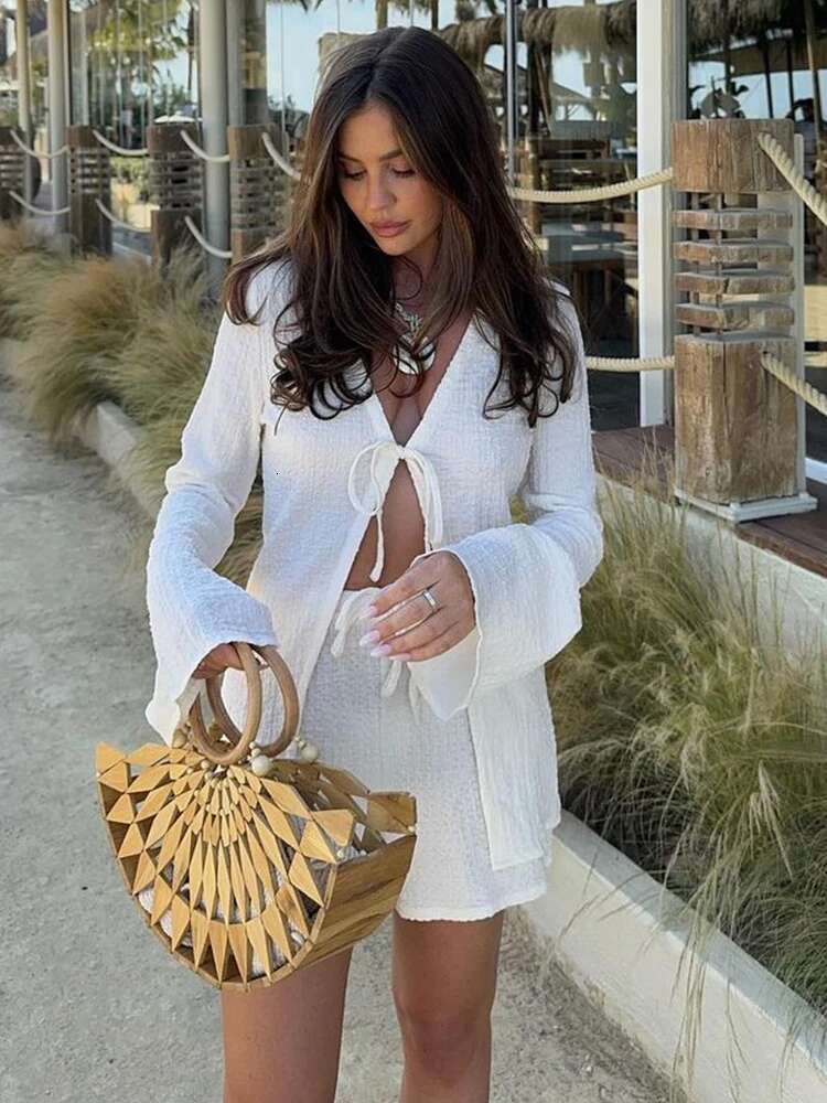 Chic V-Neck Flare Long Sleeve Lace Up Blouse Set Elegant High Waist Loose Casual Short Suits 2025 Summer Women Vacation Outfit