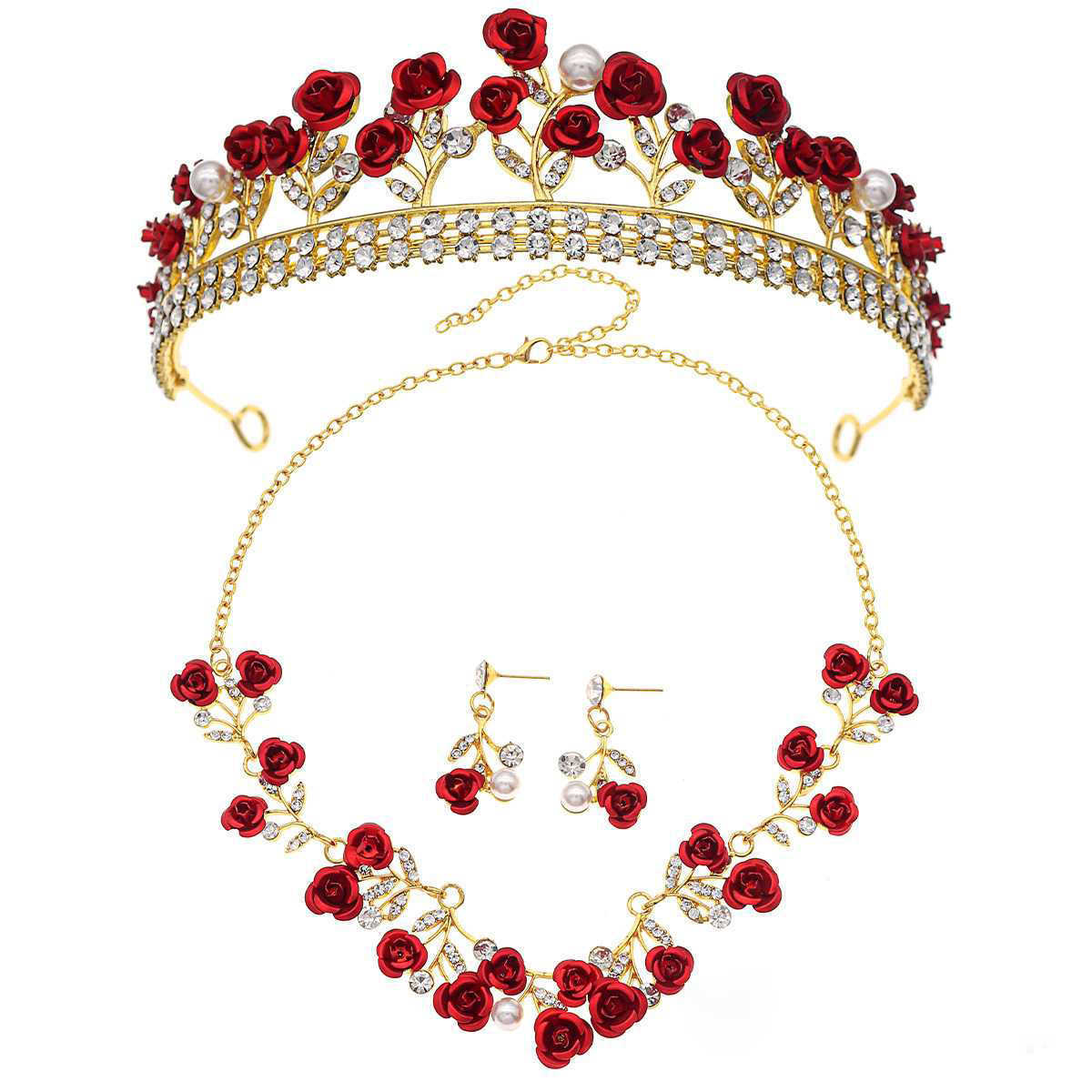 New Childrens Crown Set Bridal Wedding Jewelry Red Rose Necklace Earrings Crown Three Piece Set W250312
