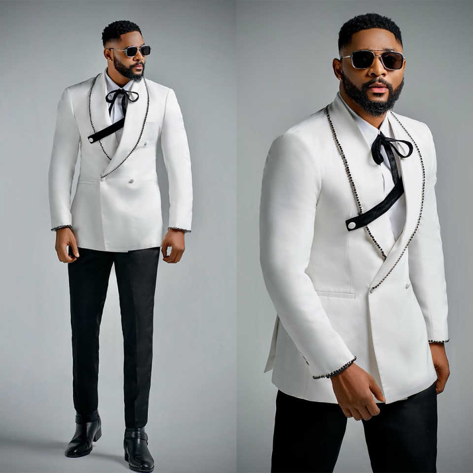 Noble Wedding Tuxedos Double Breasted Beaded Men Suit Shawl Lapel 2 Piece Set Jacket Pants Groom Business Blazers Customized