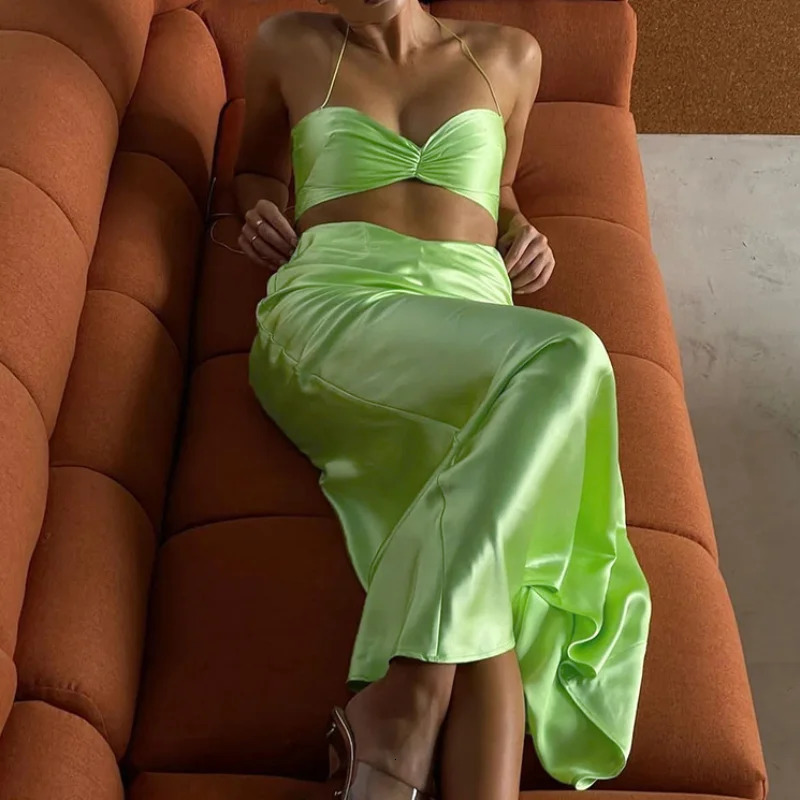 Spring and summer sexy navy blue exposed womens twopiece strapless drawstring sling set satin solid beach vacation dress 250312