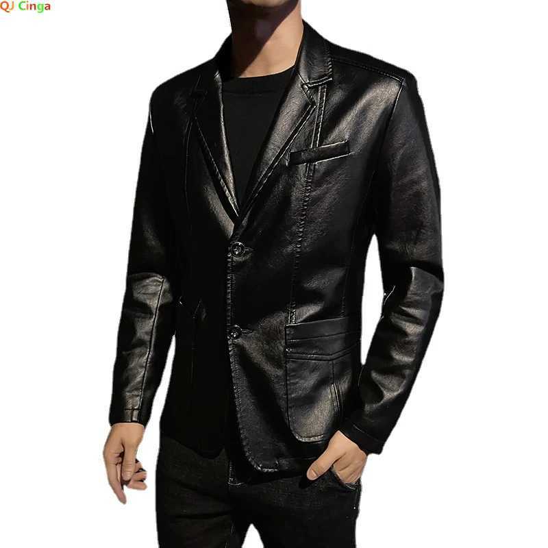 Spring New Black PU Suit Jacket Mens Fashion Slim Leather Jackets Business Casual Blazers Coat Red Blue KhakiT250311