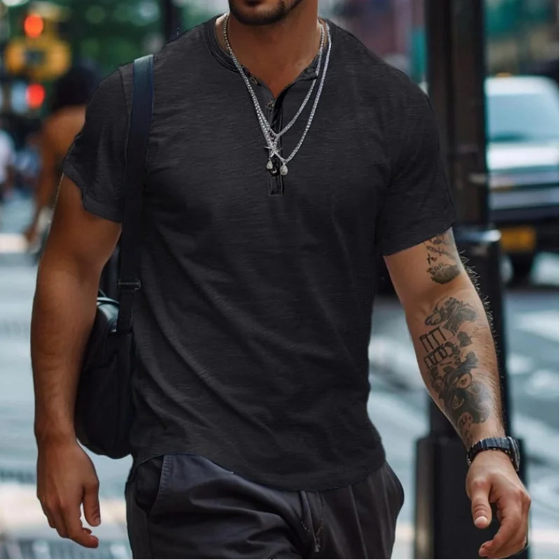 mens summer Tshirt button solid color shortsleeved shirt casual collarless 250312