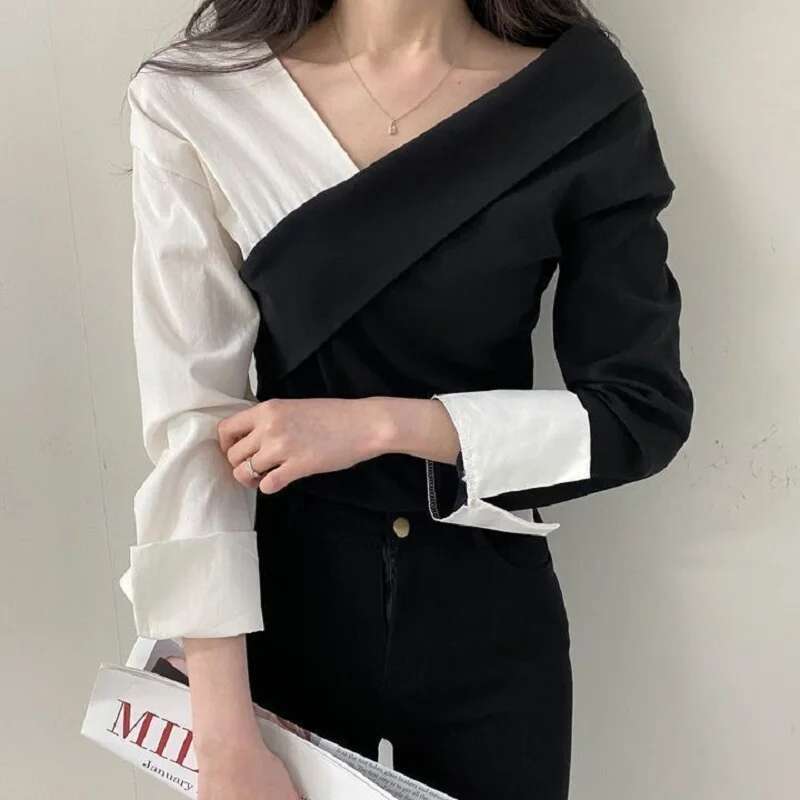 Autumn Long Sleeve Vintage Contrast Patchwork Shirts Women Fashion Streetwear V Neck Ladies Tops Clothing