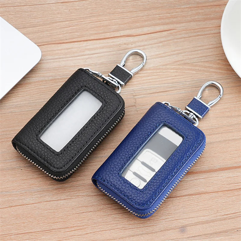 Car key bag Lychee pattern top layer denim key bag PU leather keychain large capacity neutral key bag 250311