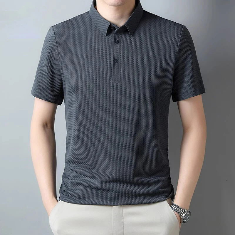 Mens thin polo shirt business casual Tshirt hollow cool breathable summer gray navy bluegreen mens 250312