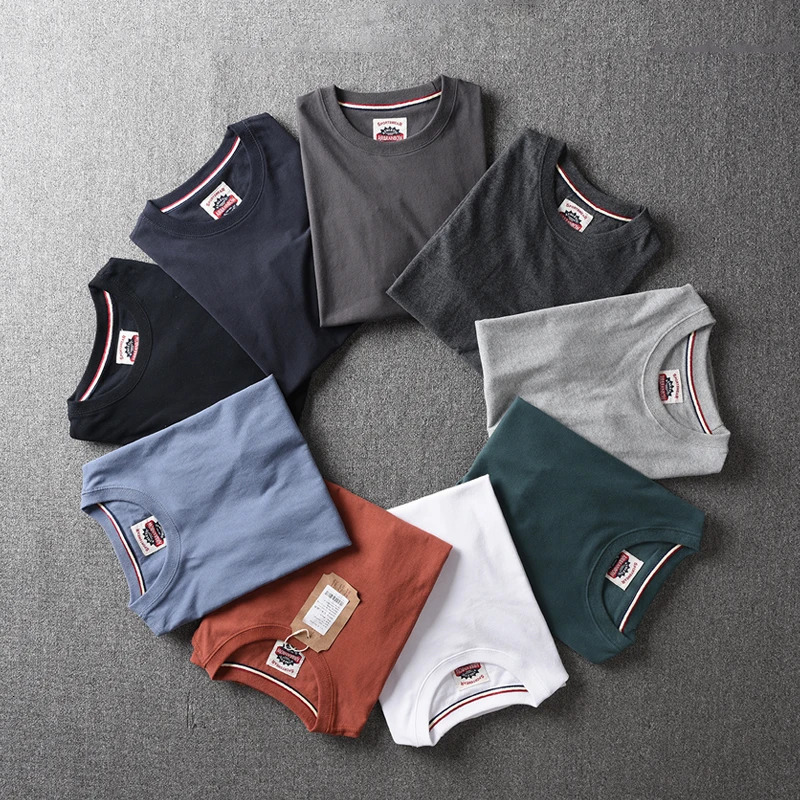 Summer American retro short sleeved Oneck solid color Tshirt for men fashionable and simple 100% pure cotton washing casual sports top 250312