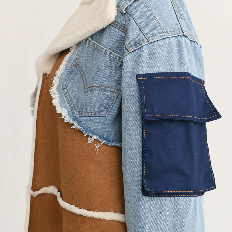 Australian Trendy Brand New Plush Denim Patchwork For Winter Lambhair Inner Lining With Large Lapel Collar, Long And Thick Cotton Jacket