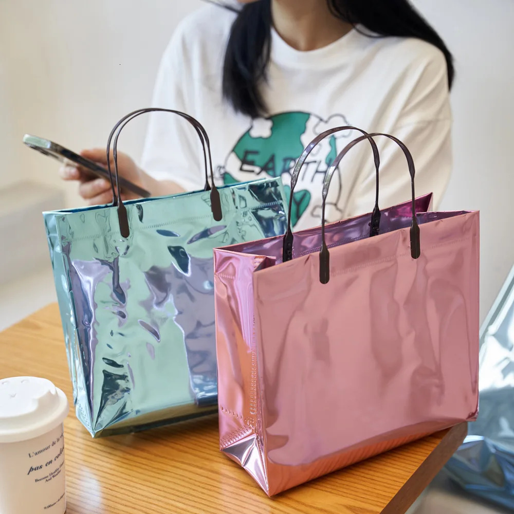 Laser PVC Shopping Bag With Snap Button Reusable Women Waterproof Eco Tote Bag Clothing Wedding Party Favor Gift Packaging Bags 250305