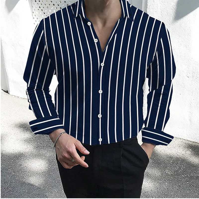 Mens shirt button up lapel shirt black and white red long sleeved striped collar workwear large size 5XL W250312