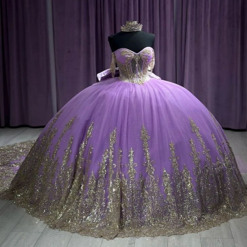Purple Sparkly Quinceanera Dresses Ball Gown 2025 Off Shoulder Gold Applique Lace Beads Bow Corset Vestido 15 anos Lace-up Sweet 16 Dress