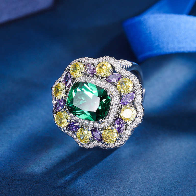 Zhuang Shengsheng Copper Bottom Gold Plated Simulated Grandmother Green Set Creative Full Diamond Luxury Set Main Stone 8 * 12 W250312