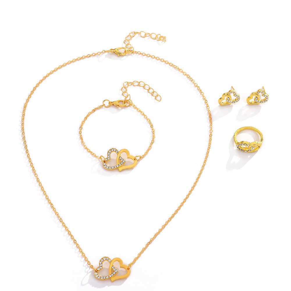 Four piece set of light luxury jewelry cold style double love necklace niche cold style concentric bracelet set W250312