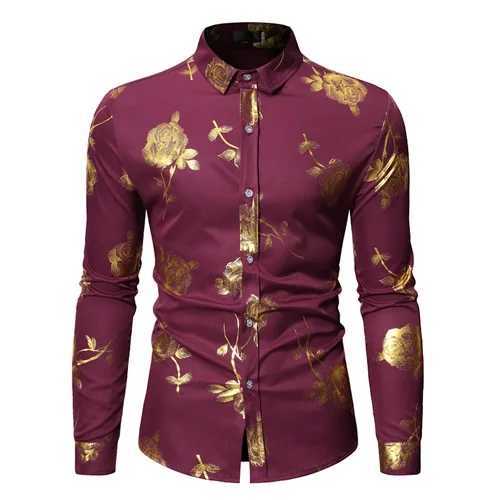 Mens Golden Rose Flower Printed Shirt Brand Flower Steampunk Chemical White Long Sleeve Wedding Party Solid Color Camisa Masculina New W250312