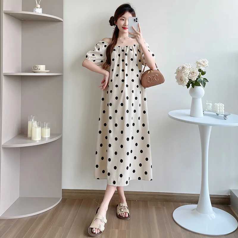 Pregnant Women Summer New Wave Dot Cotton Linen Square Collar dress White Pocket Midi DressT250311