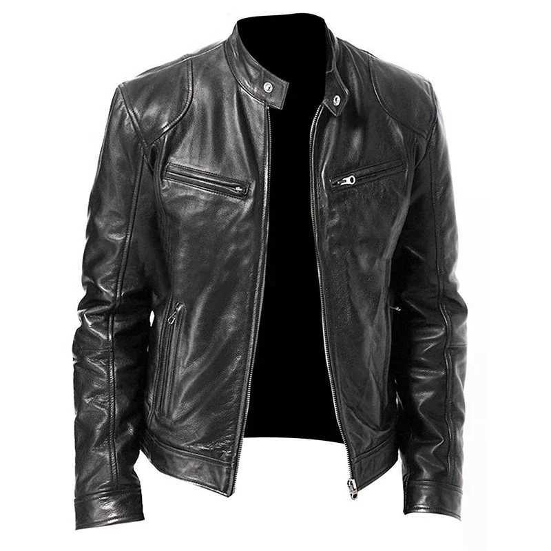 Fall and Winter Mens Leather Jacket Mens Stand-up Collar Jacket Zipper Biker Leather Jacket Casual Slim Leather JacketT250311