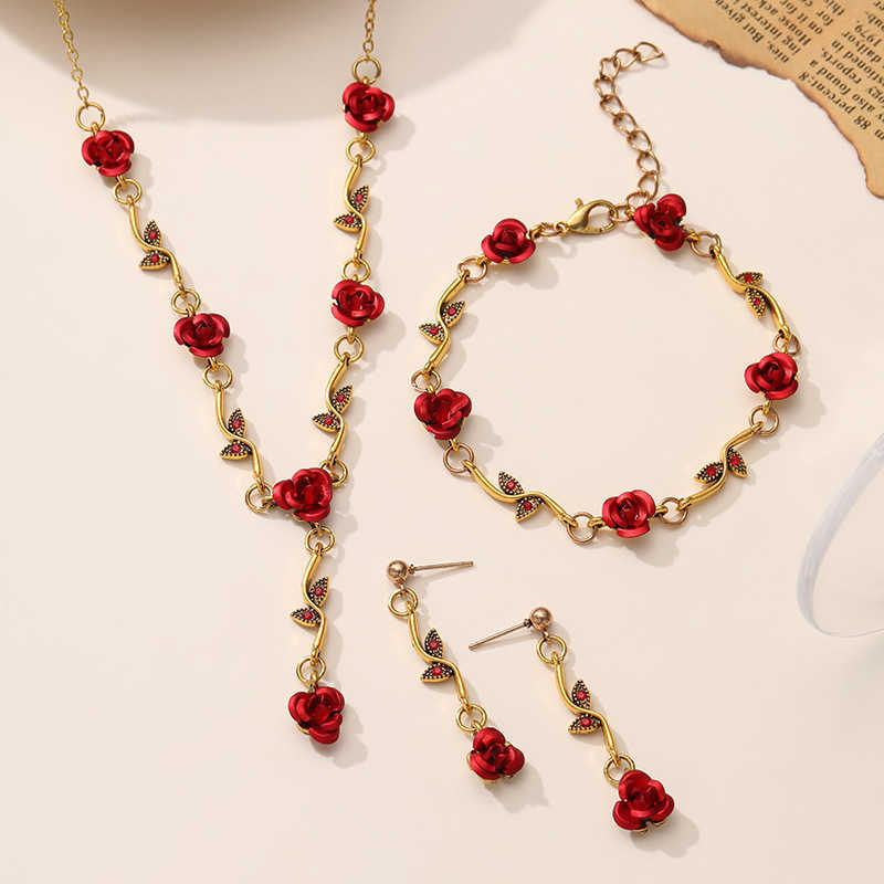 French Rose Blossoms Bracelet Set for Womens Ins Personalized Temperament Red Rose Necklace Bracelet Trendy W250312