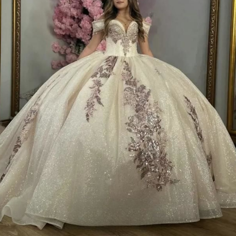 Sparkly Ivory Quinceanera Dresses Crystal Sequined Appliques Lace Ball Gown Off The Shoulder Beading Tassel Sweet 16 Birthday Party Vestidos 15 De Ano