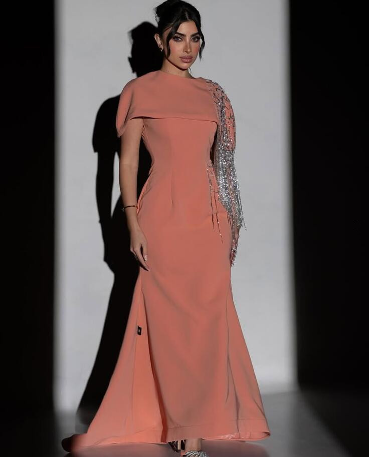 Peack Pink Long Prom Occasion Dresses with Sleeve Sparkly Tassel Customsized Saudi Arabic Dubai Evening Gown Garment